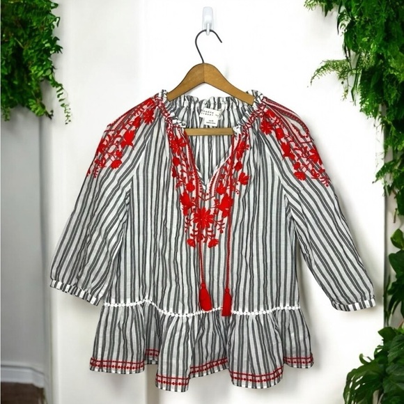 Kate Spade Broome Street Embroidered Striped Boho Peasant Blouse Tassel Top - Picture 3 of 11